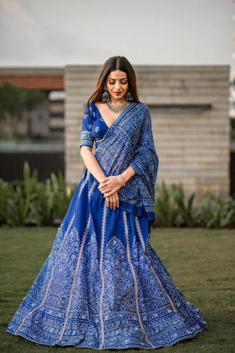 Royal Blue Stylish Bandhani Printed Rajsthani Designer Lehenga