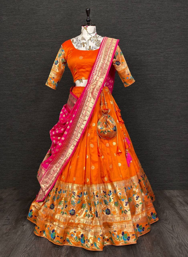 Orange Paithani Jacquard Weaving Traditional Designer Lehenga