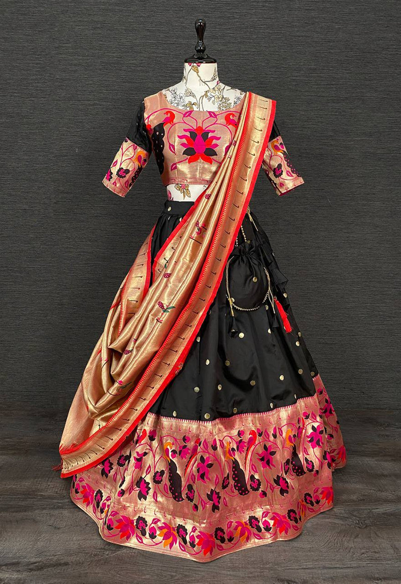 Black Silk Weaving Jacquard Heavy Traditional Paithani Lehenga