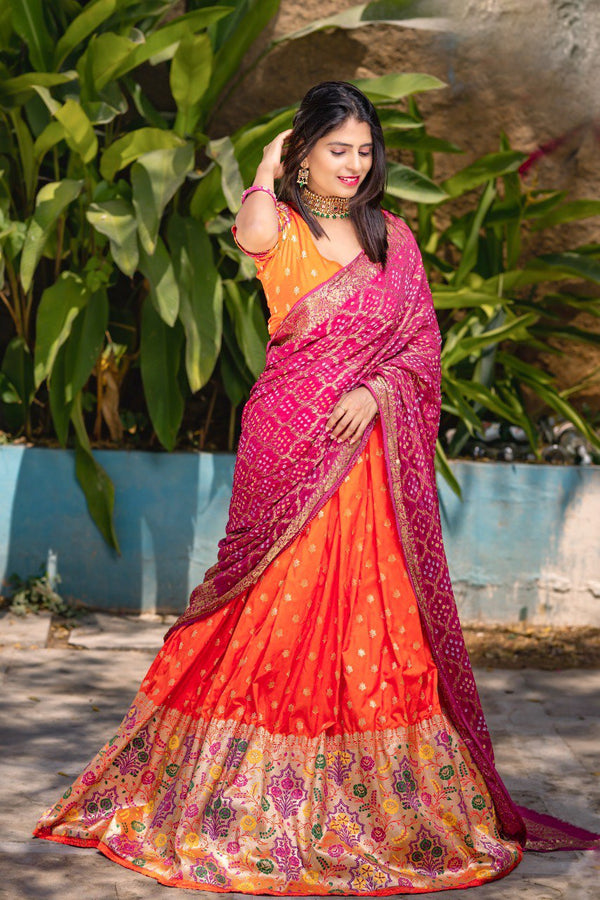 Orange Color Traditional Looking Pure Paithani Designer Lehenga