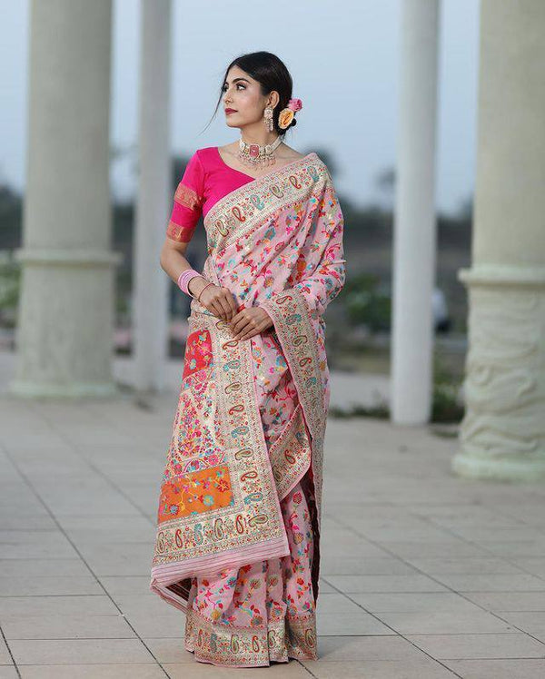 Pink Color Premium Spun Cotton Fabric With Weaving Work Wedding Wear Saree