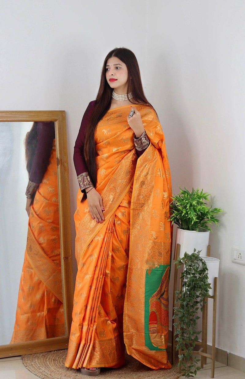 Orange Color Beautiful Paithani Silk Occasional Wear Saree