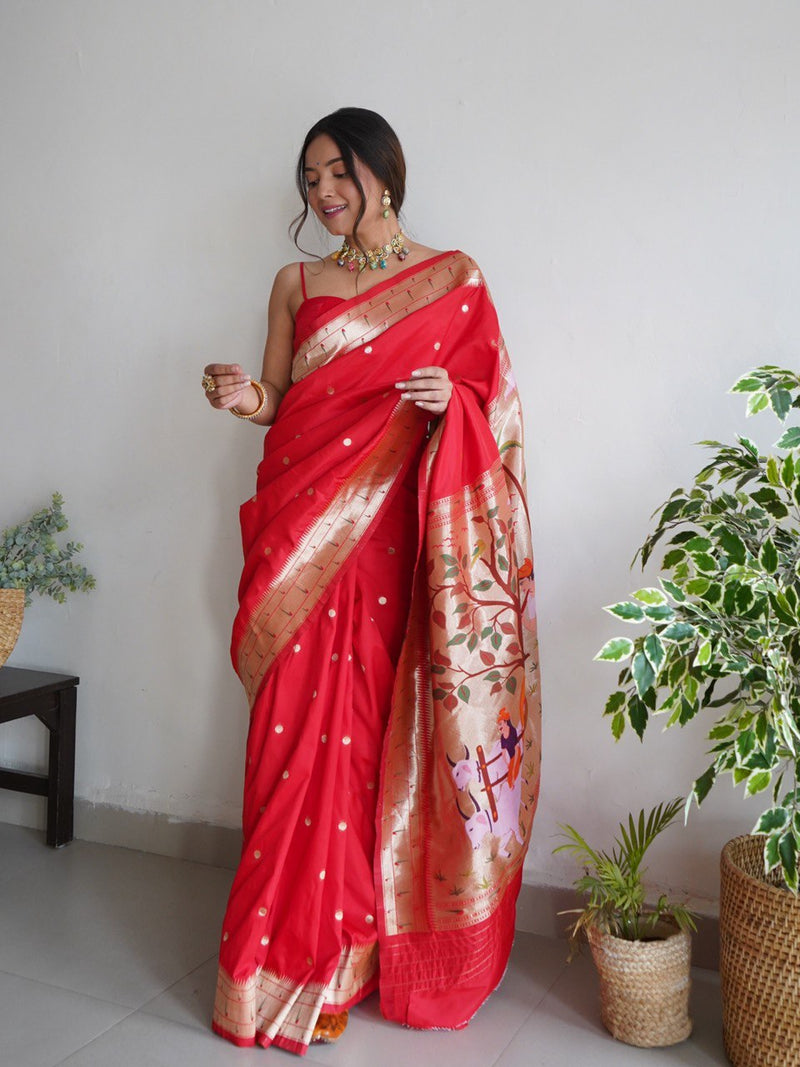 Red Color Beautiful Paithani Occasional Wear Saree