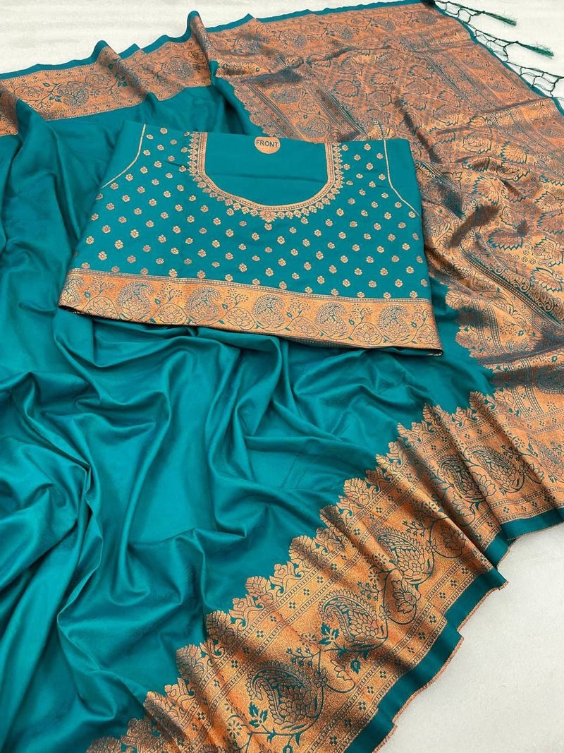 Pleasant Blue Color Banarasi Soft Silk Traditional Jacquard Worked Simple Saree