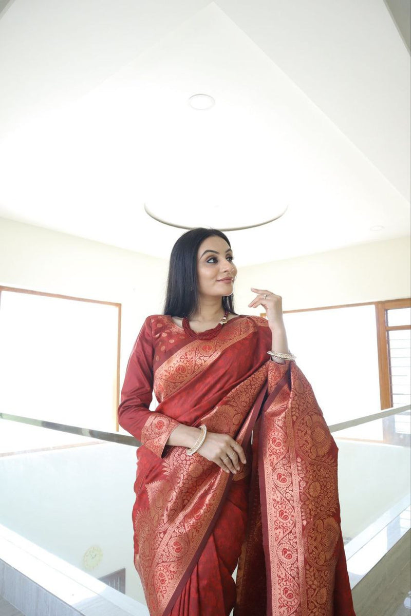 Maroon Color Banarasi Soft Silk Traditional Jacquard Worked Simple Saree
