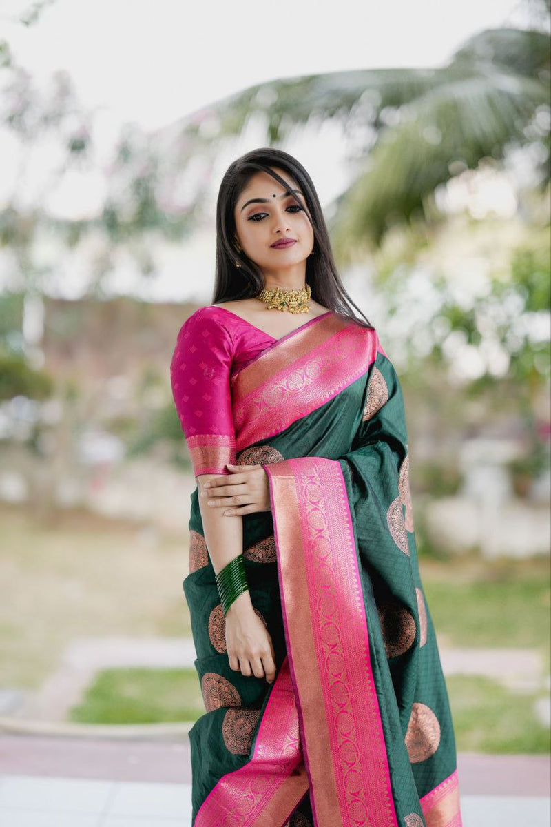 Peach Green Color Banarasi Soft Silk Designer Golden Zari Weaving Saree