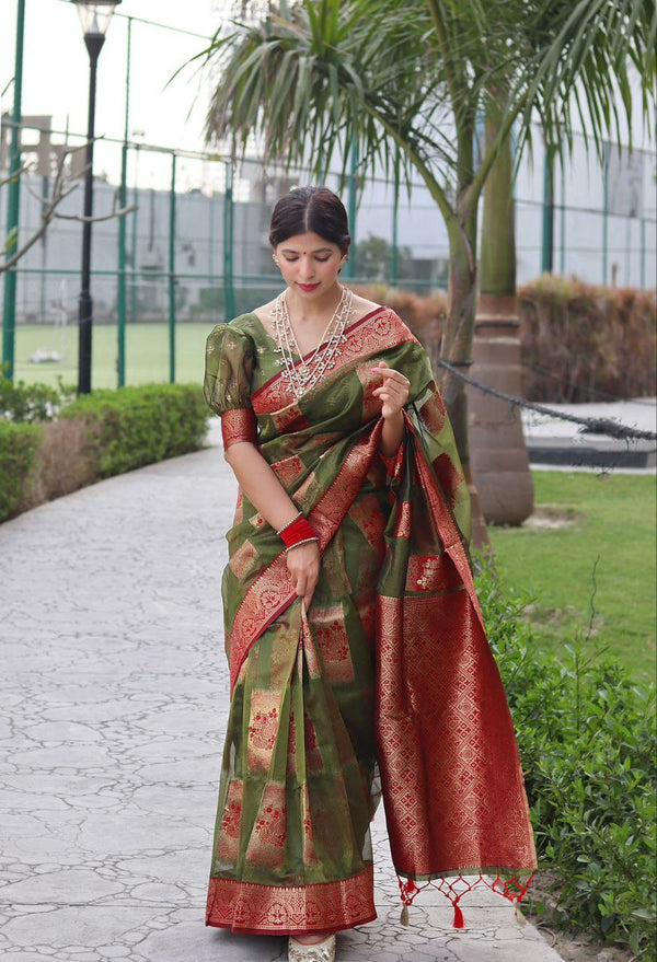 Green Color Exclusive Banarasi Soft Silk Golden Zari Weaving Saree