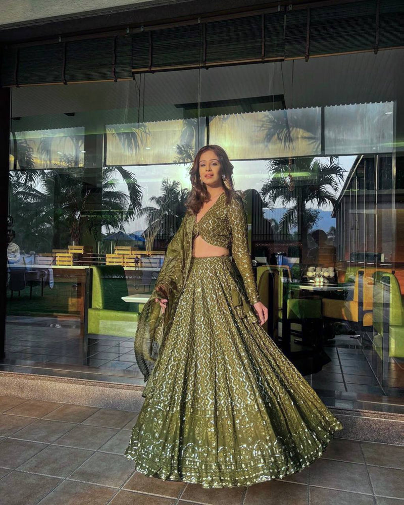 Green Color Fox Georgette Sequencial Embroidery Work Lehenga
