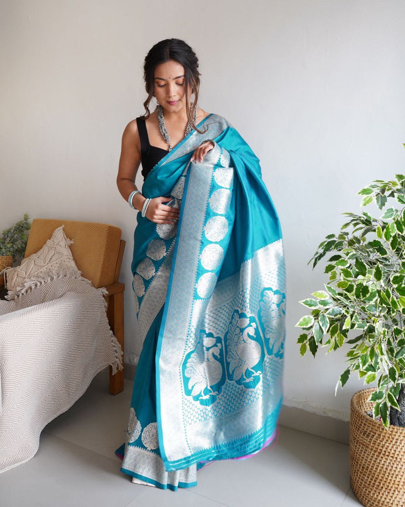 Pleasant Blue Color Pure Zari Golden Weaving Wedding Wear Saree